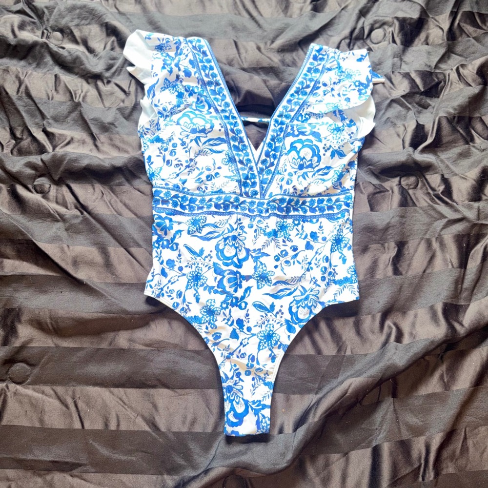 One Piece Swimsuit Women XXL Blue White Floral Ruffle Coastal Boho
